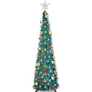 5 Ft Pop Up Christmas Tree with Timer Dual Color Change 8 Mode, 1 Minute Christmas Tree 50 Warm White & Colorful Light 3D Star 25 Ball Ornament Battery Operated Slim Tinsel Pencil Xmas Tree Indoor (Blue Green)