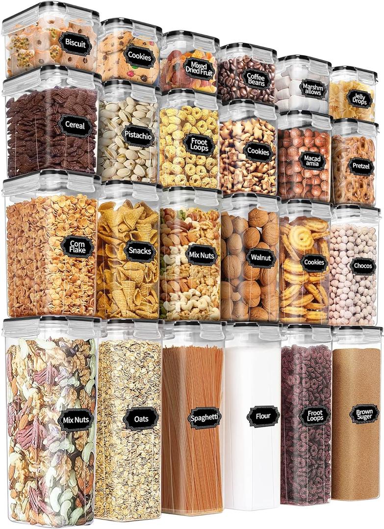 PRAKI Airtight Food Storage Containers Set with Lids - 24 PCS, BPA Free Kitchen and Pantry Organization, Plastic Leak-proof Canisters for Cereal Flour & Sugar - Labels & Marker (Black)