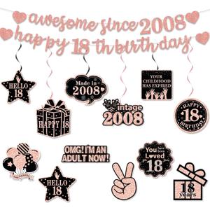 Pre-Strung 18th Birthday Banner Decorations for Girls, Glitter Happy 18th Birthday Decor, Rose Gold Eighteen Years Bday Hanging Swirls Party Supplies