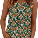 SUNNEGOO Womens Summer Tank Tops Sleeveless Cute Loose Fit Dressy Casual Flowy Blouses Printed Pleated Shirt Trendy Tunic (L)