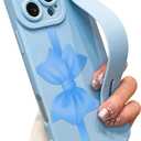 Cute Bow Case for iPhone 16 Pro Max with Finger Hand Wrist Strap | Ribbon Design with Adjustable Wristband Kickstand Soft TPU Camera Protection Phone Cover for Women Girls - Blue Bow