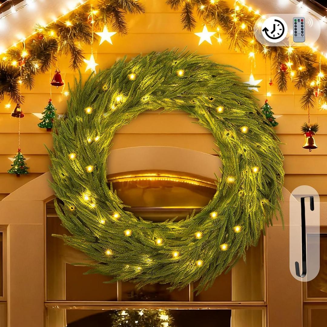 BLOSMON Large Christmas Wreath for Outdoor: 36 Inch Prelit Norfolk Pine Wreath with 100 LED Lights Timer Remote Control Hanger - Lighted Battery Operated Wreaths for Outside Wall Door Decorations