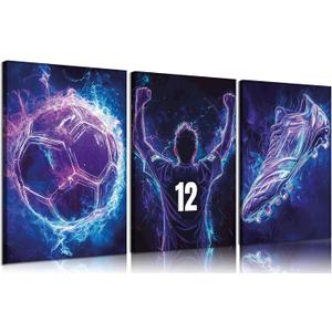 3pcs Cool Football Canvas Wall Art Neon Boys Themed Wall Decor Pictures Abstract Sneakers Posters Prints Paintings for Lovers Living Room Bedroom Decoration Prepare To Hang (Soccer)