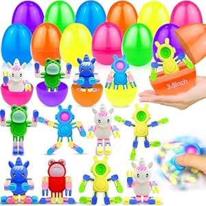 12-Pack 3.8'' Jumbo Prefilled Easter Eggs with Transformable Bunny Unicorn & Frog Fidget Spinners Easter Basket Essential Pop Animal Sensory Toys Kids Teens Basket Stuffers Hunt DIY Stress Relief Gift