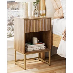 Masupu Fluted Nightstand ,Modern Night Stand Wood Bedside Table with Storage Drawer Side End Table for Bedroom, Living Room, Office, Walnut Brown