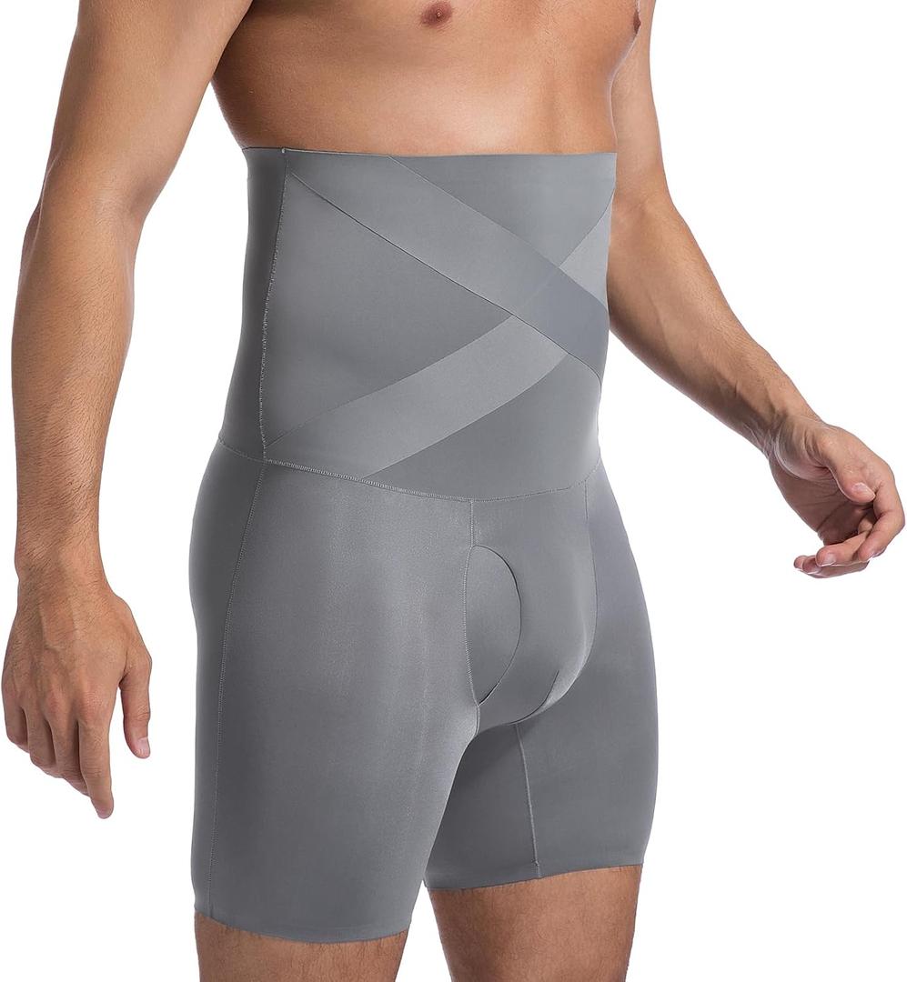 Mens Shapewear Tummy Control Boxer Briefs Compression Shorts Slimming Body Shaper, High-waisted, Long-Legs (Gray, L)