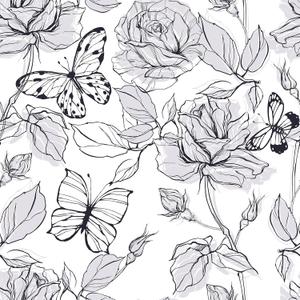 Black and White Butterfly Wallpaper 12"x100" Vintage Ink Painting Rose Floral Wallpaper Peel and Stick Butterfly Contact Paper Self Adhesive Removable Vinyl Film for Cabinets Drawers Walls