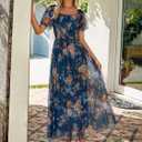 Simplee Womens Floral Maxi Dresses 2026 Summer Square Neck Mesh Short Sleeve Smocked Boho Flowy Wedding Guest Dress, XL