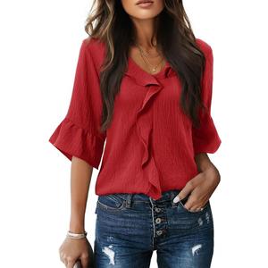 siliteelon Womens Blouses Dressy Casual 3/4 Sleeve Ruffle Bell Top Ladies Business Formal Work Shirt Spring Trendy 2026 (Large, Wine Red)