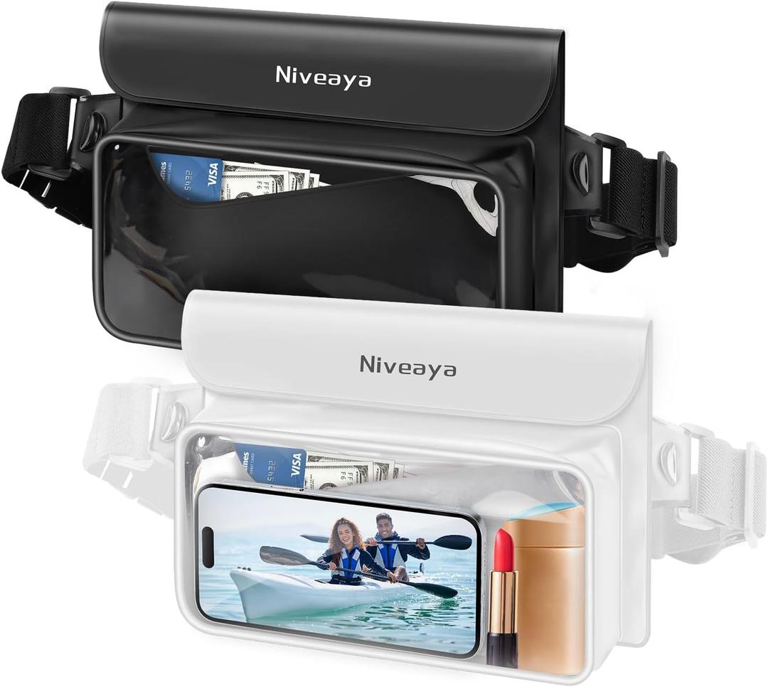 Niveaya IP68 Waterproof Fanny Pack - 2 Pack, Floating Dry Bag Pouch, Phone Waterproof Waist Pouch Dry Bag, Beach, Kayaking, Swimming, Boat Essentials, for iPhone 17/16/15/14/13/12 Pro Max up to 9.5" (Black&White)