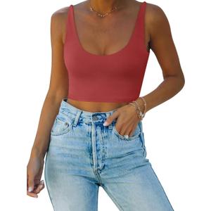 REORIA Butsmooth Women's Basic Sexy Deep Scoop Neck Double Lined Seamless Sleeveless Cropped Cami Tank Yoga Crop Tops (Large, Ribbon Red)