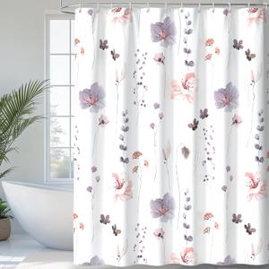 QiyI Watercolor Floral Shower Curtain with Hooks, 72 x 72, Dusky Purple, 72L x 72W inches