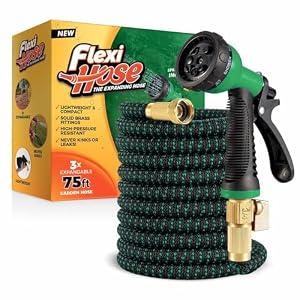 Flexi Hose with 8 Function Nozzle, 75FT - Lightweight Expandable Garden Hose, No-Kink Flexibility, 3/4 Inch Solid Brass Fittings and Double Latex Core - Black and Green
