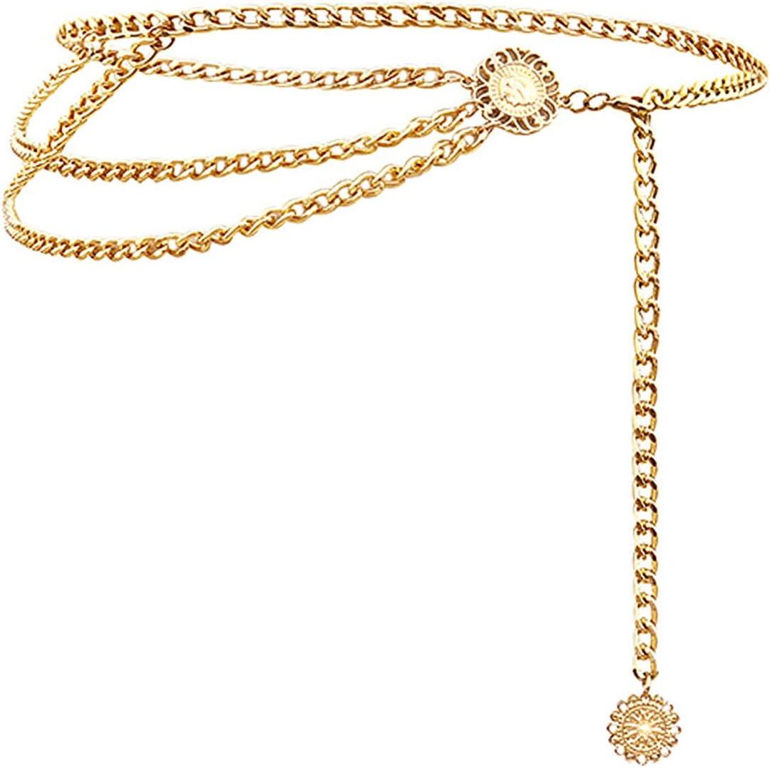 Glamorstar Multilayer Metal Waist Chain Dress Belts Metal Belt for Women (Medium (43.3 in), Gold)
