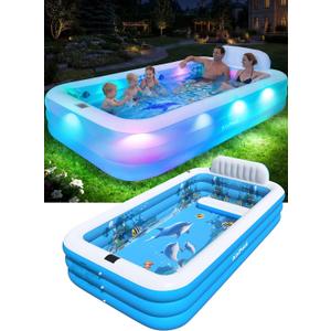 Extra Large Inflatable Pool With Lights,Upgraded Solar Powered Blow Up Pool For Adults,Inflatable Kids Swimming Pool with Seat& Backrest,Big Inflatable Kids Pool For Backyard,120x73x20IN-White