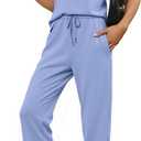 Glamaker Women Two Piece Loose Fit Outfit Summer Comfy Casual Short Sleeve Top Wide Leg Pants Set Travel Vacation Outfit(Blue, Large)