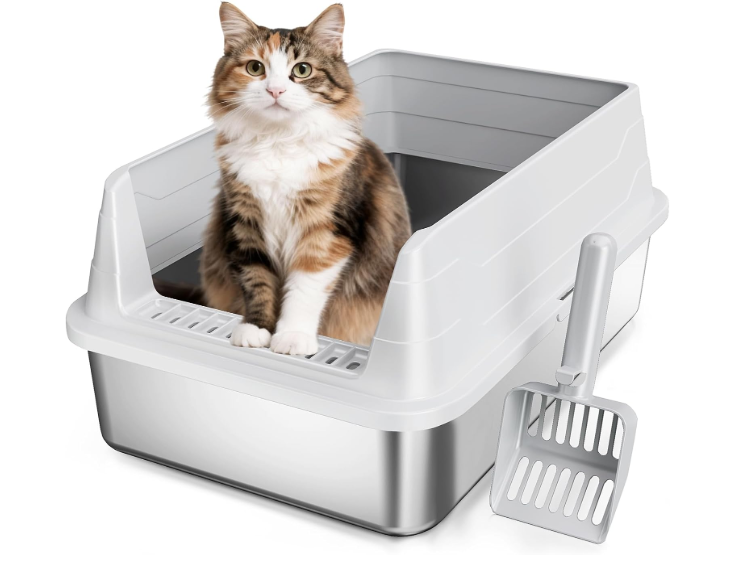 Stainless Steel Cat Litter Box, Odor Free Metal Litter Box with High Sides Lid, Open Top Low Entry Litter Pan Include Scoop Easy Cleaning AntiScratch Kitty Cat Box AntiUrine Leakage, NonSticky, M