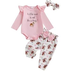Summffie Newborn Baby Girl Easter Outfit Infant Short Sleeve Bunny Romper Pants Set Headband Cute First Easter Clothes 3-6 M