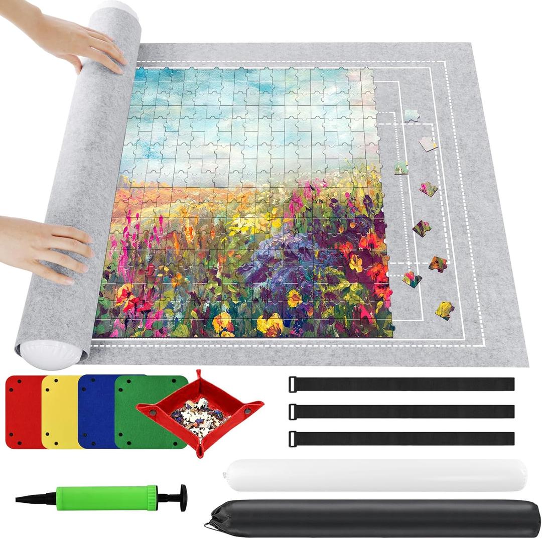Ainiv Jigsaw Puzzle Mat Roll Up 2000 Pieces, 47 x 31.5 Portable Felt Puzzles Board with 4 Sorting Trays & Travel Storage Bag, Jigsaw Saver Pad Keeper for Adults Teens, Gray (Grey)