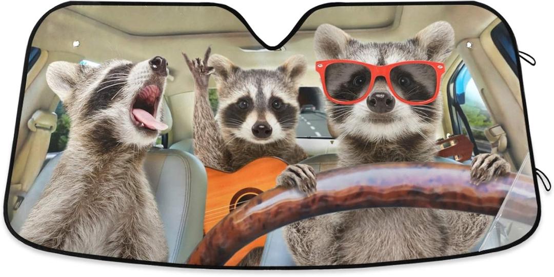 Three Funny Raccoon Front Windshield Sun Shade for SUV Trucks Car, Music Animals Trip Accordion Folding Auto Front Window Sunshade Visor Shield Cover Protector 55x27.6 Inch (Pattern3)