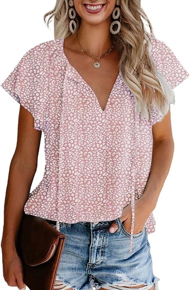 Women's Short Sleeve Casual Shirts Boho Floral Print V Neck Tops Loose Blouses (M)