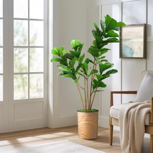 Artificial Tree in Natural Wood Pattern Planter, Fake Ficus Lyrata Silk Tree for Indoor and Outdoor Home Decoration - 57" Overall Tall (Plant Pot Plus Tree)