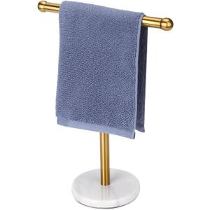 Gold Hand Towel Holder Stand with Heavy Marble Base, T-Shape Towel Rack, Free-Standing for Bathroom Vanity Countertop, 304 Stainless Steel (Gold)