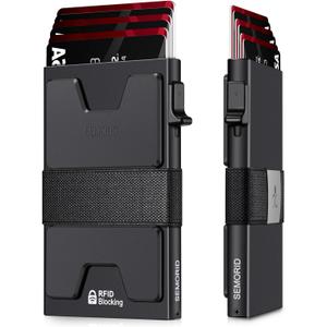 Slim Aluminum Card Holder Wallet for Men, Durable Expandable Backplate, RFID Blocking Minimalist Metal Pop Up Wallet, Holds 12+ Cards Plus Cash (Black)