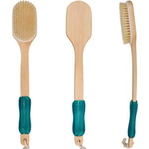 OWIIZI Back Scrubber for Shower,Stiff Boar Bristles Wooden Curved Long Handle Antiskid Body Bath Brush for Back Use Wet or Dry,Deep Cleanse Large Surface Back Scrub Brush