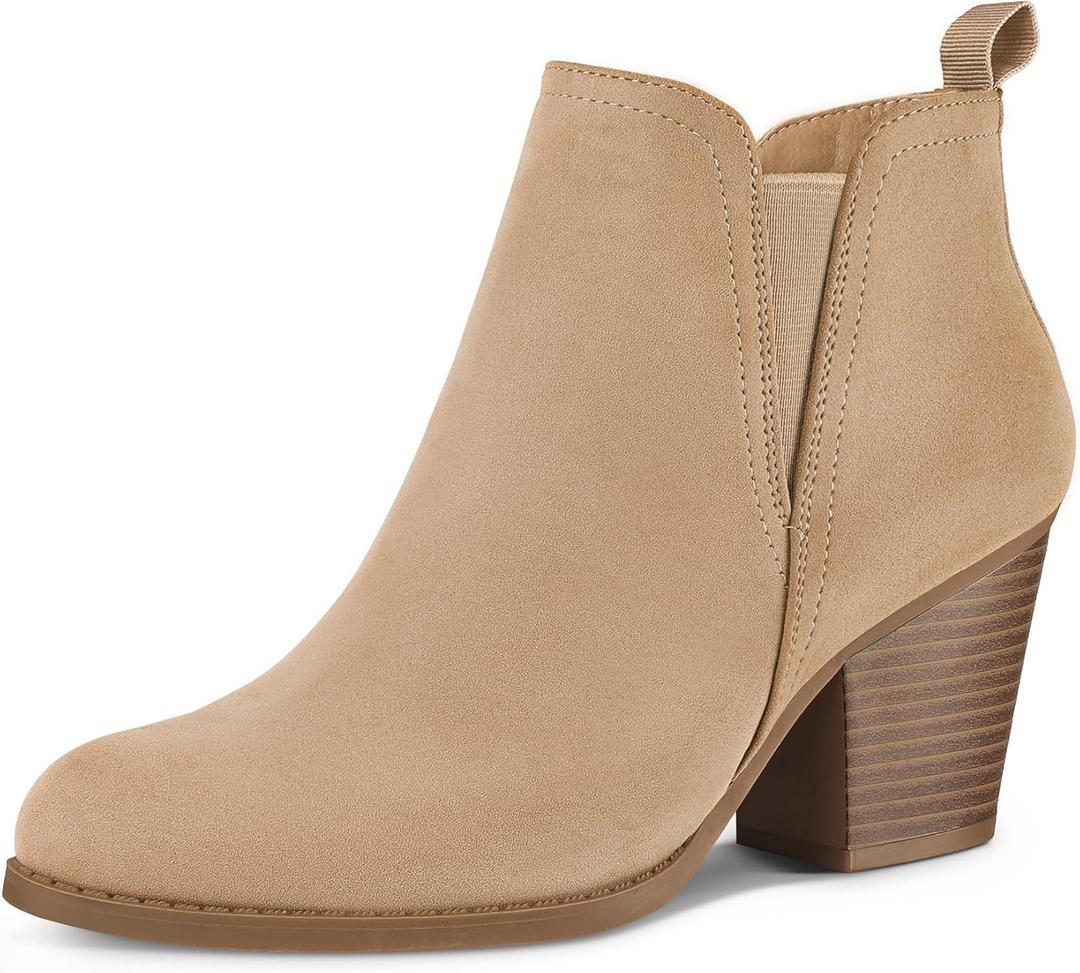 mysoft Women's Ankle Boots V Cut Side Elastic Panel Stacked Chunky Heel Booties with Side Zipper (6, Nude)