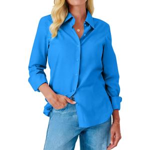 Button Down Shirts for Women Dress Shirt Long Sleeve Wrinkle Free Collared Blouse Work Business Office Solid Tops (Blue, L)
