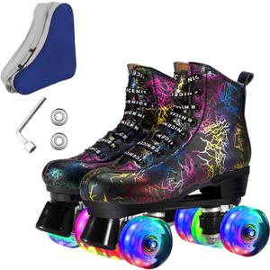 Roller Skates for Men and Women, Black Derby Roller Skates with 4 Shiny Wheel, Classic Double-Row Roller Skates for Indoor and Outdoor