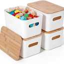 Citylife Storage Bins with Bamboo Lids 7QT Plastic Storage Containers Stackable Organizer Boxes with Handle for Desk Snacks, Toys, 4 PCS, 10" L x 7" W x 5.8" H