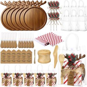6 Set Christmas Kitchen Gifts Wood Cheese Board Fork Spoon Butter Spreaders Dish Cloth Thank You Card Ribbon and Gift Bags for Merry Christmas Cooking Serving Xmas Utensils Gifts (Reindeer)