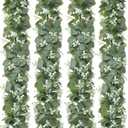 KHOYIME Eucalyptus Garland with White Flowers, 4 Packs 5.9Ft Artificial Silver Dollar Eucalyptus Leaves Plant Fake Greenery Hanging Ivy Vines Faux Wreath for Wedding Arch Party Mantle Table Home Decor