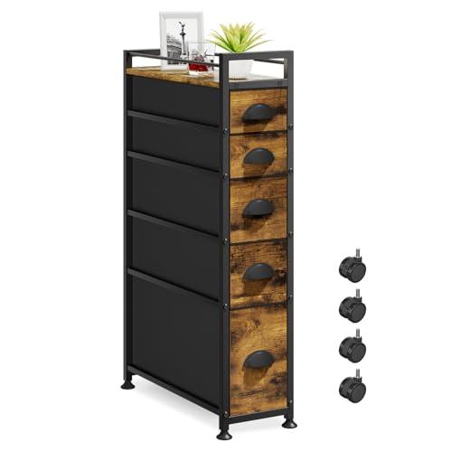 LASZOLA 5 Drawer Narrow Dresser Slim Cabinet Skinny Storage Tower Chest, Ideal for Small Spaces Bathroom Bedroom, Between Washer and Dryer, Lightweight Mobile on Wheels, Sturdy Fabric Drawers, Brown