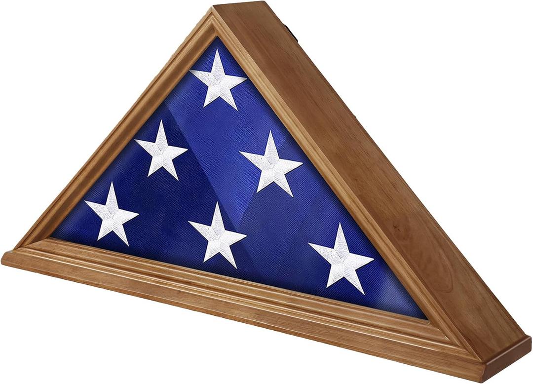 Flag Display Case - 5' x 9.5' Veteran Burial Flag Solid Wood Shadow Box with HD Tempered Glass & Wall Mount, Folded Triangle Flag Frame for Funeral, Light Oak