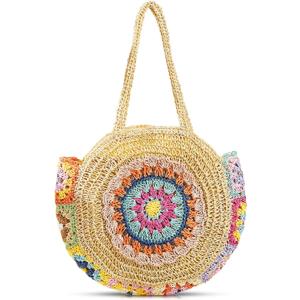 Tote Bag, Bohemian Straw Bag, Large Capacity Beach Bag, Colorful Floral Woven Bag, Shoulder Bag for Women Travel Vacation Work Daily Matching(Beige)