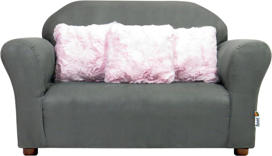 Roundy Childrens Sofa  Durable Wooden Frame, Soft Microsuede Upholstery, Ergonomic & Padded Seat, Comfortable Toddler Couch for Ages 25, Ideal for Bedrooms, Playrooms & Daycares. (Charcoal/Pink)