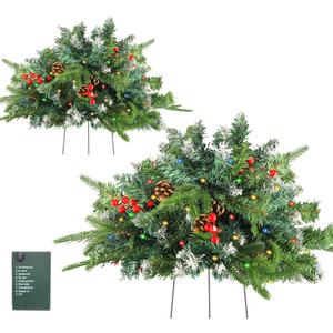 2 Pack Christmas Tree Urn Filler, Lighted Artificial Xmas Pine Trees with Tripod Stake, Light Up 8 Modes & Timer, Battery Powered Outdoor Planter Filler Festival Holiday Home Decor