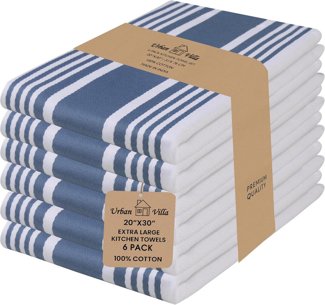 Urban Villa Kitchen Towels 100% Cotton Pack of 6, Highly Absorbent Quick Drying Super Soft Premium Dish Towels for Kitchen with Hanging Loop Hand & Tea Towels - 20x30 Inch, (Blue & White, Striped)