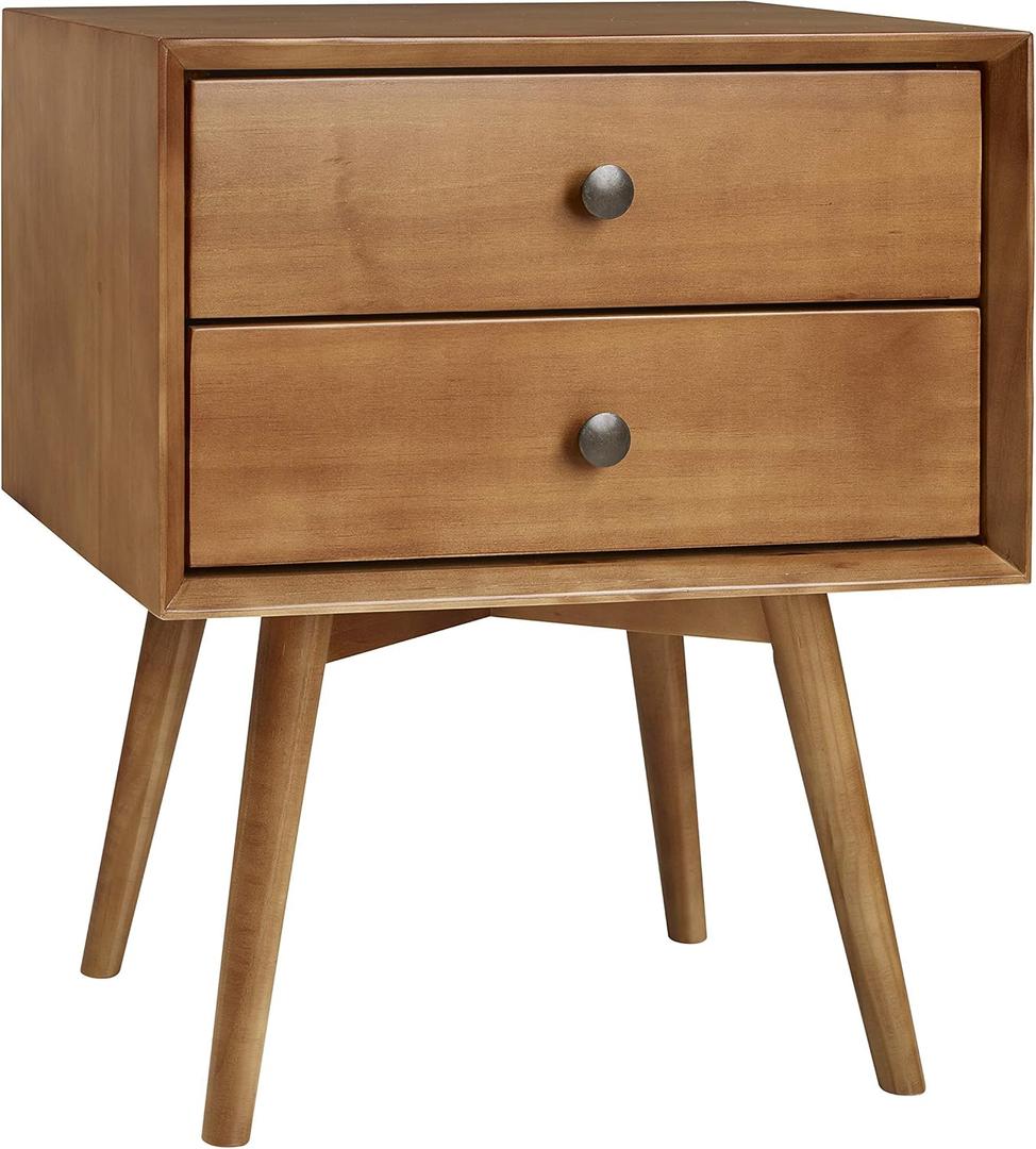 Walker Edison Mid Century Modern Wood Nightstand Side Table Bedroom Storage Drawer Bedside End Table, 2 Drawer, Caramel