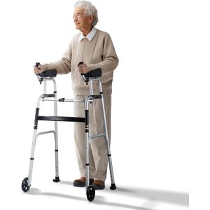 VEVOR 2 in 1 Folding Walker & Removable Armrests, Height Adjustable Foldable Walker with 5" Solid Wheels, Lightweight Aluminum | Front Wheeled Mobility Aid for Elderly Handicapped Disabled, 450 Pounds