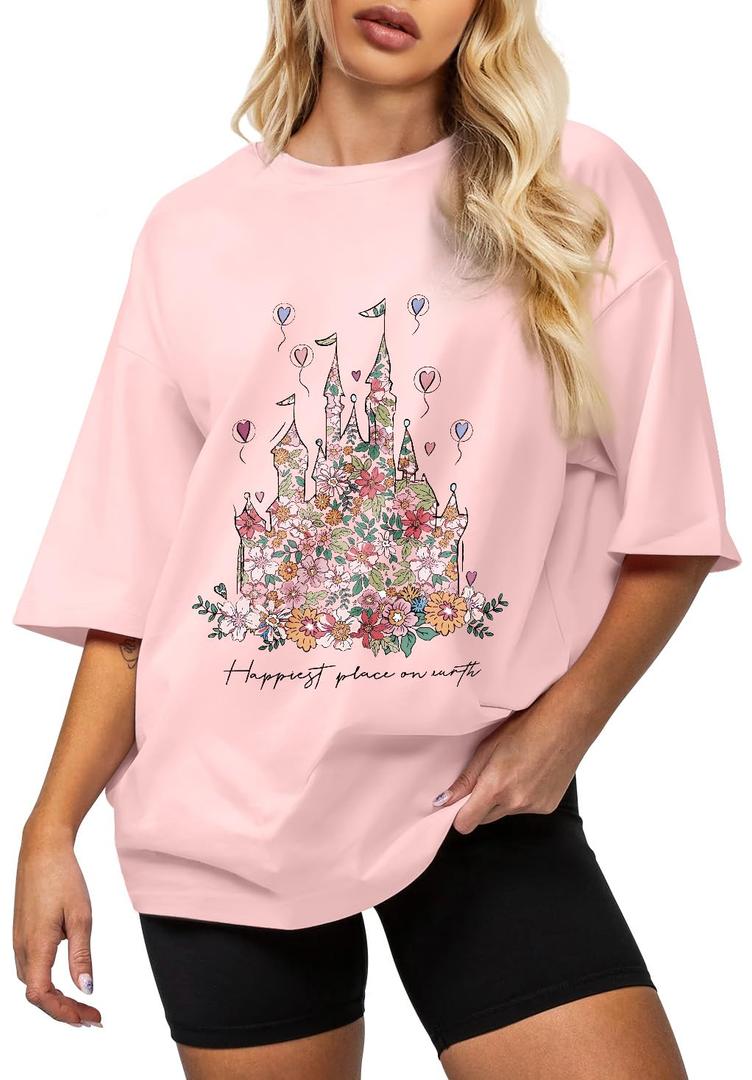 Flafens Oversized Tshirts for Women - Graphic T Shirt Loose Tees Crewneck Sleeve Top Cute Fashion Summer Pattern Print Tops, M, Castle Flower