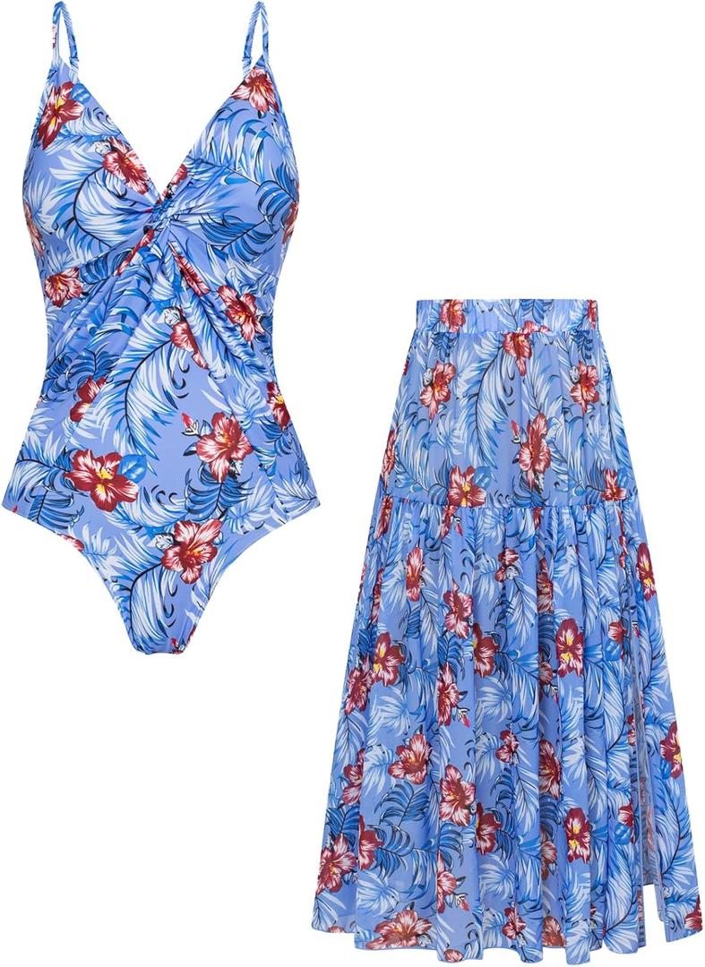 GRACE KARIN Women's One Piece Swimsuits with Cover Up Skirt Tummy Control V Neck Bathing Suits (X-Large, Blue Floral)