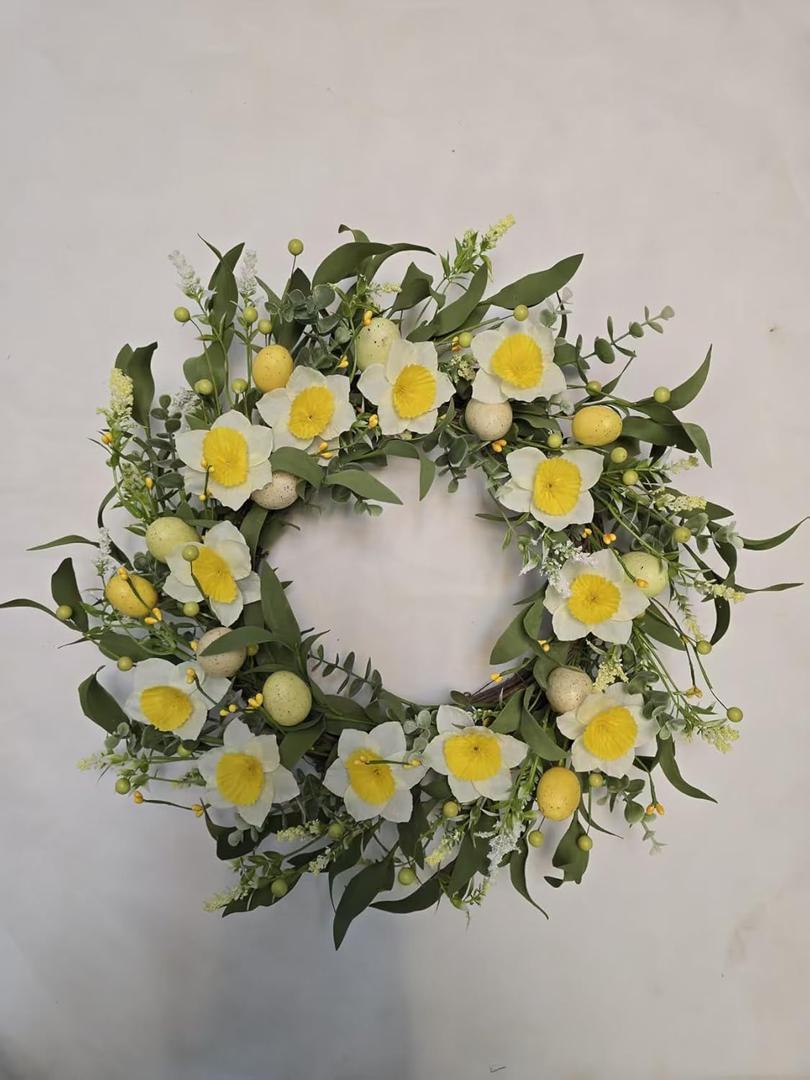 NeoL'artes 22inch Large Spring Wreath with Daffodil and Easter Eggs, 55cm Artificial Door Grapevine Wreath for Spring and Summer Indoor Outdoor Porch (Yellow)