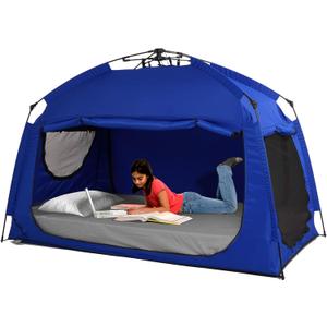 Indoor Instant Privacy Bed Tent for Sleeping,Quick Set-up Bed Canopies,Portable Bed Drapes with Large Space and 3 Doors (Blue, Twin)