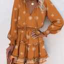Dokotoo Spring Dresses for Women 2026 Boho Floral Drawstring V Neck Smocked Long Sleeve Ruffle Tiered Chiffon Mini Dress (Orange, XL)