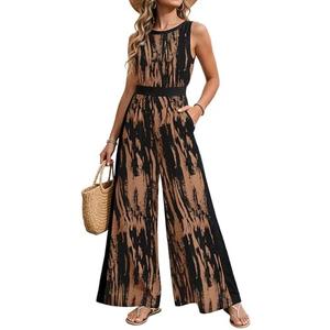 AGERWAY Women Jumpsuits Dressy Summer Round Neck Casual Sleeveless One Piece Outfit Floral Wide Leg Long Pant Romper Pockets M