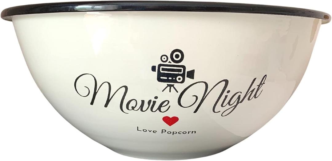 White Popcorn Bowl-Retro Family-Size Popcorn Bucket Tub For Party & Movie Night Snacks-Non Chip, Shatterproof, Enamel Coated Stainless Steel Serving Container - 80oz Capacity, 5x9.5